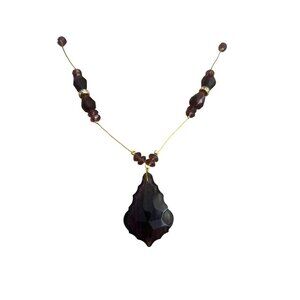 Faceted Amethyst Glass Pendant Necklace Gold Wire Toggle Clasp Illusion 26"